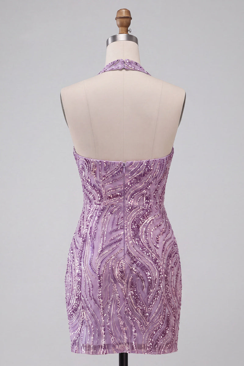 Load image into Gallery viewer, Sparkly Lilac Beaded Halter Tight Sequin Short Cocktail Dress