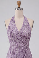 Load image into Gallery viewer, Sparkly Lilac Beaded Halter Tight Sequin Short Cocktail Dress