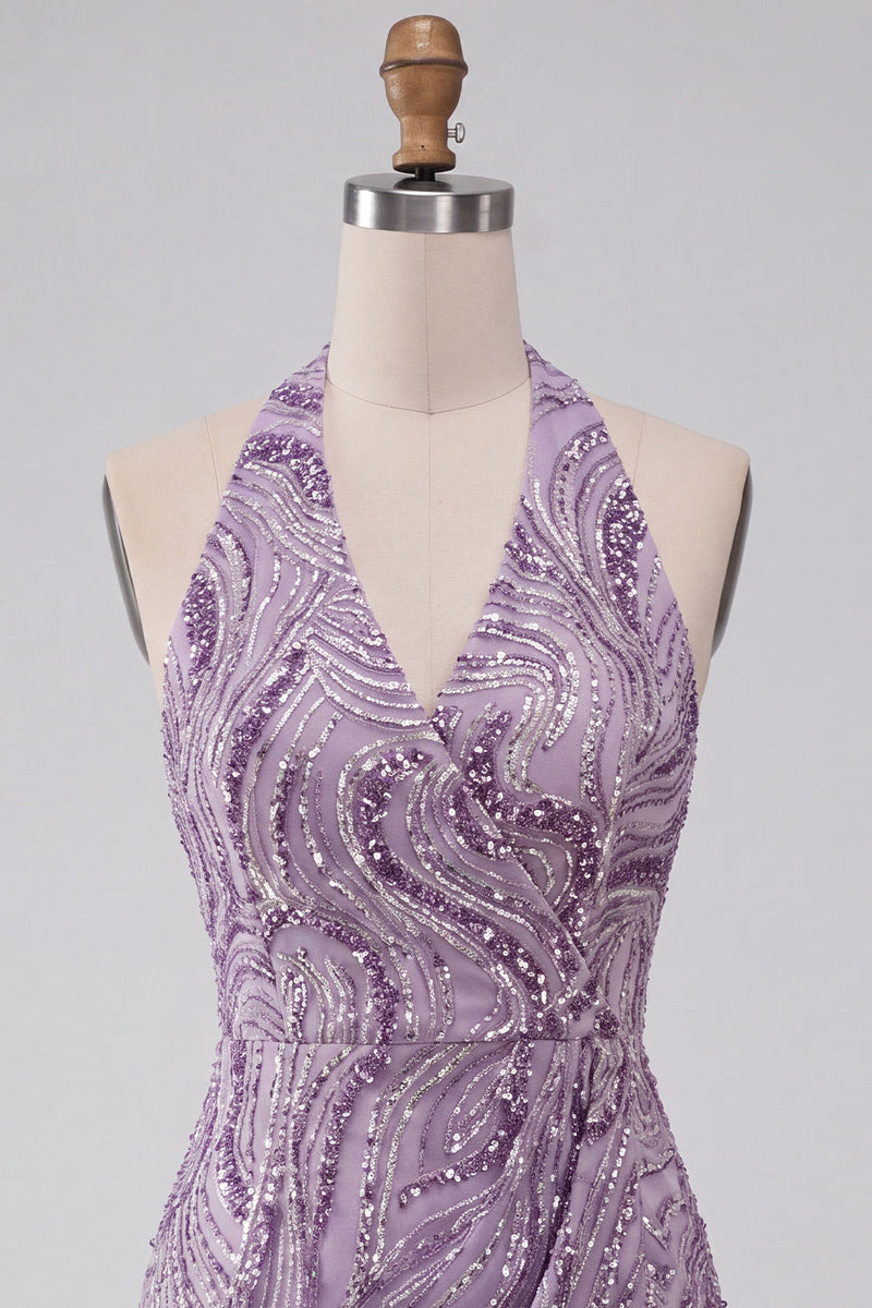Load image into Gallery viewer, Sparkly Lilac Beaded Halter Tight Sequin Short Cocktail Dress