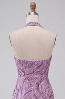 Load image into Gallery viewer, Sparkly Lilac Beaded Halter Tight Sequin Short Cocktail Dress
