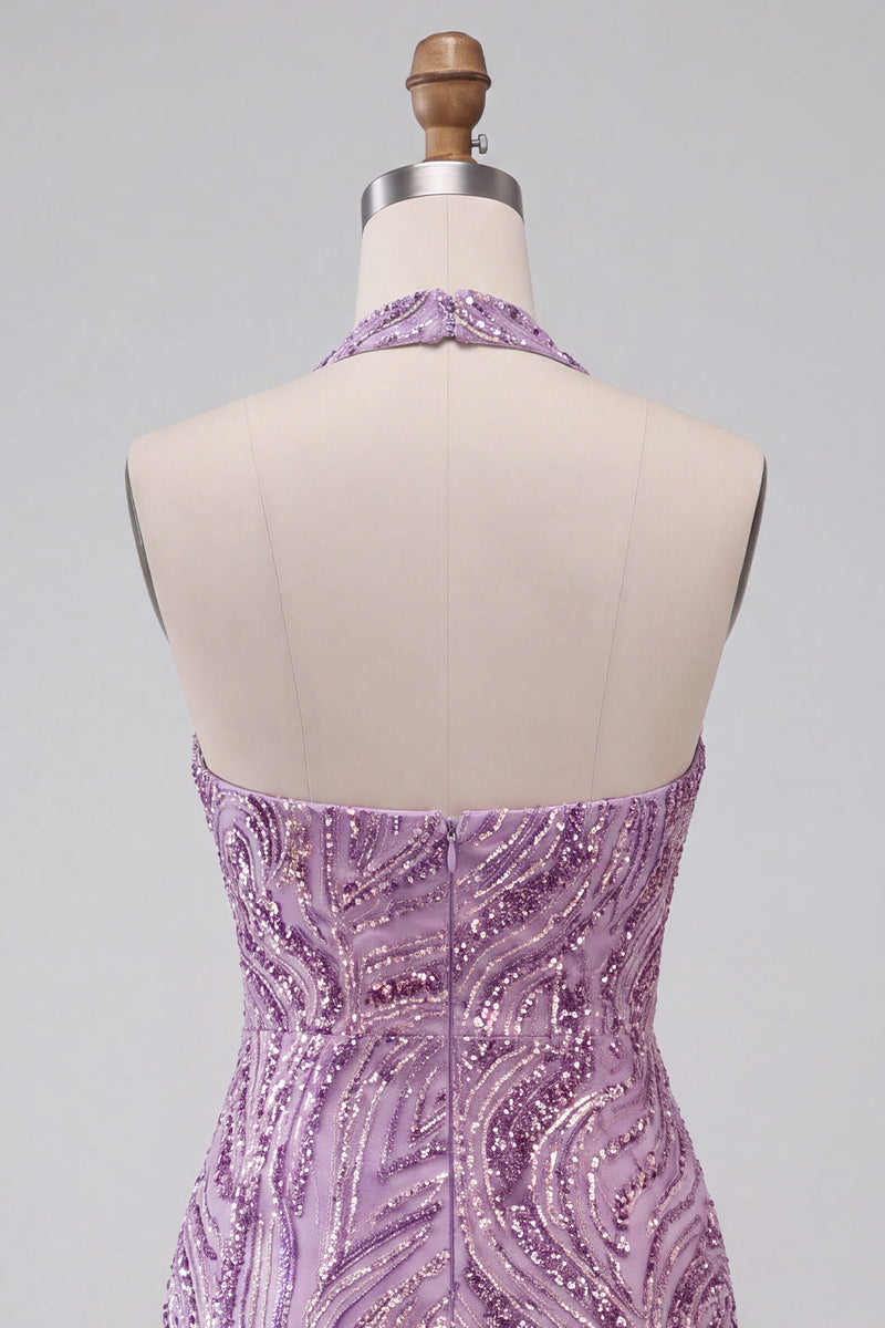 Load image into Gallery viewer, Sparkly Lilac Beaded Halter Tight Sequin Short Cocktail Dress