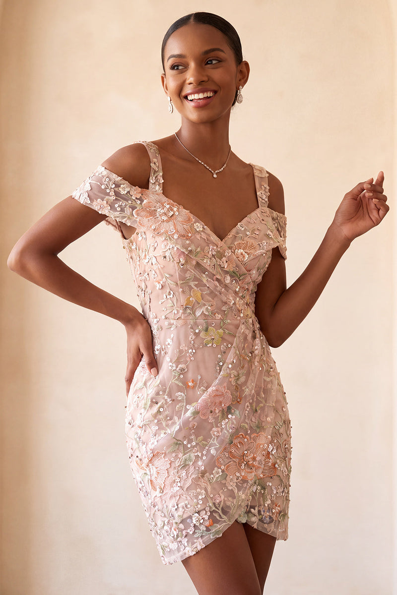 Load image into Gallery viewer, Blush Sparkly Sequin Cold Shoulder Floral Ruched Tight Mini Cocktail Dress