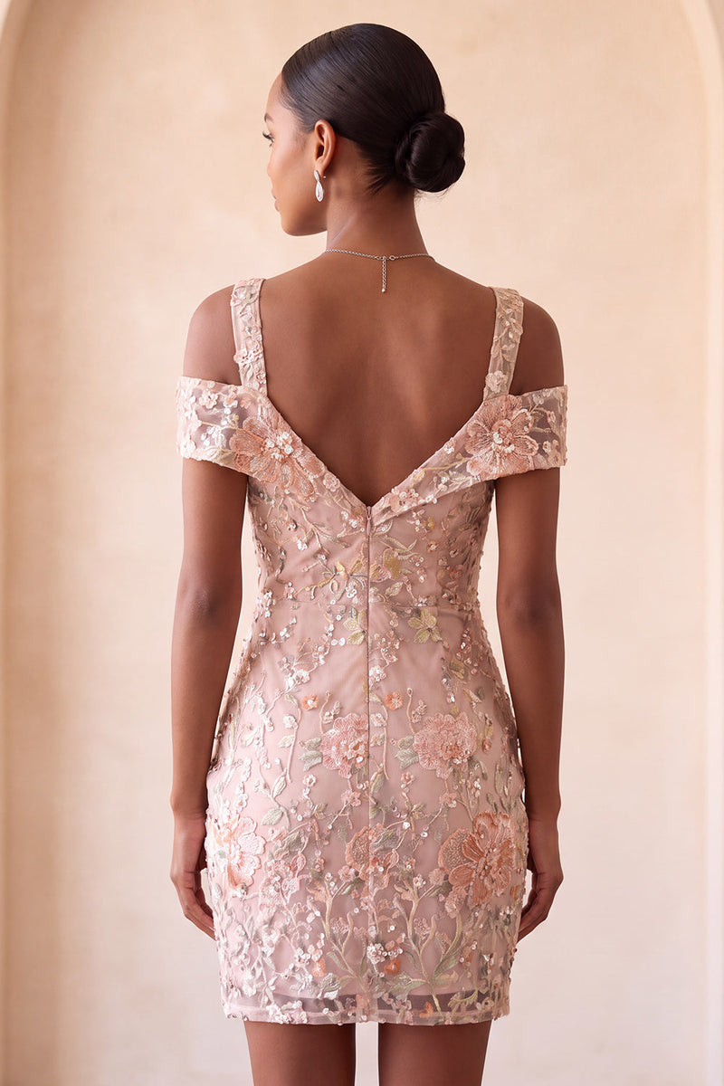 Load image into Gallery viewer, Blush Sparkly Sequin Cold Shoulder Floral Ruched Tight Mini Cocktail Dress