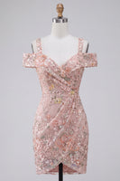 Load image into Gallery viewer, Blush Sparkly Sequin Cold Shoulder Floral Ruched Tight Mini Cocktail Dress