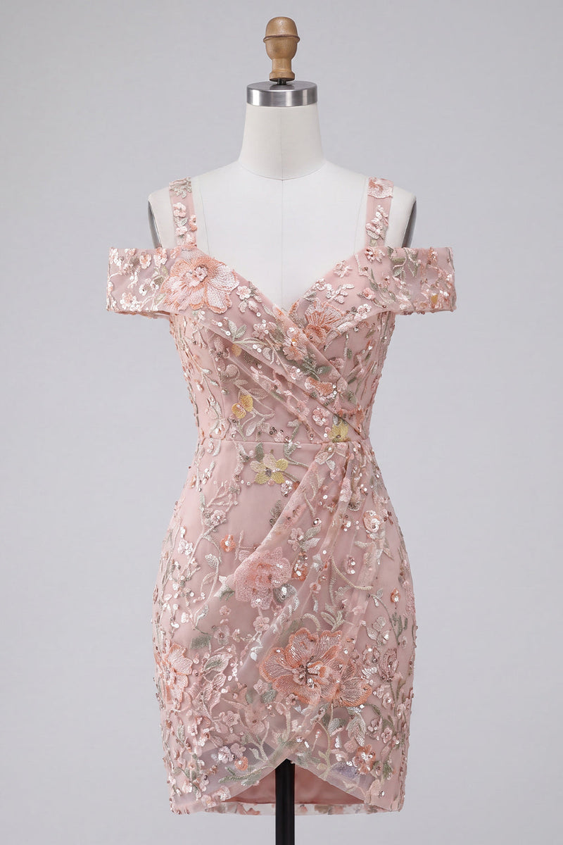 Load image into Gallery viewer, Blush Sparkly Sequin Cold Shoulder Floral Ruched Tight Mini Cocktail Dress