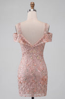 Load image into Gallery viewer, Blush Sparkly Sequin Cold Shoulder Floral Ruched Tight Mini Cocktail Dress