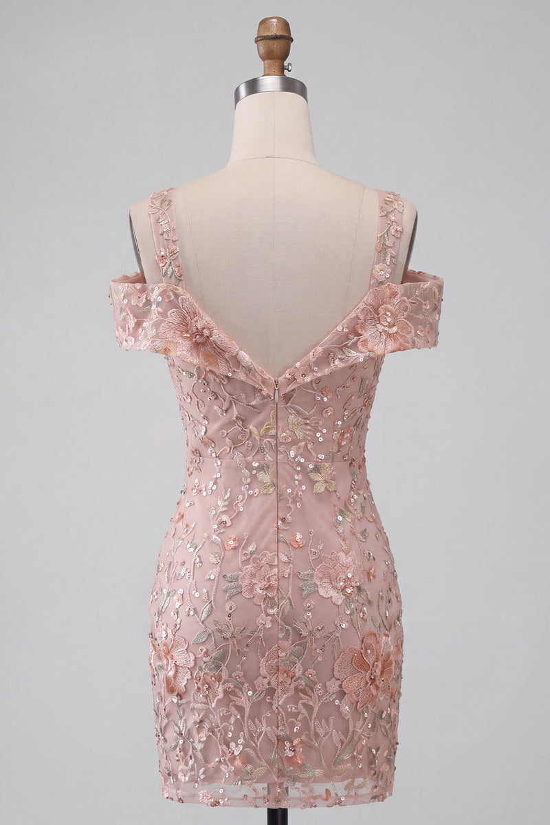Load image into Gallery viewer, Blush Sparkly Sequin Cold Shoulder Floral Ruched Tight Mini Cocktail Dress
