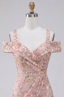 Load image into Gallery viewer, Blush Sparkly Sequin Cold Shoulder Floral Ruched Tight Mini Cocktail Dress