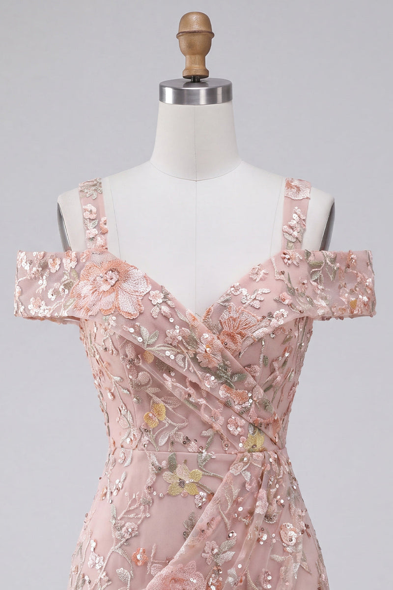 Load image into Gallery viewer, Blush Sparkly Sequin Cold Shoulder Floral Ruched Tight Mini Cocktail Dress