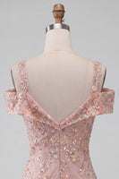 Load image into Gallery viewer, Blush Sparkly Sequin Cold Shoulder Floral Ruched Tight Mini Cocktail Dress