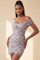 Load image into Gallery viewer, Sparkly Lilac Off the Shoulder Tight Ruched Sequin Short Cocktail Dress