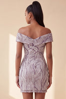 Load image into Gallery viewer, Sparkly Lilac Off the Shoulder Tight Ruched Sequin Short Cocktail Dress