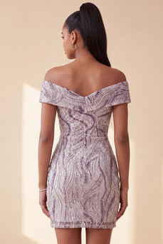 Sparkly Lilac Off the Shoulder Tight Ruched Sequin Short Cocktail Dress