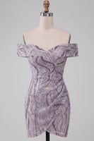 Load image into Gallery viewer, Sparkly Lilac Off the Shoulder Tight Ruched Sequin Short Cocktail Dress