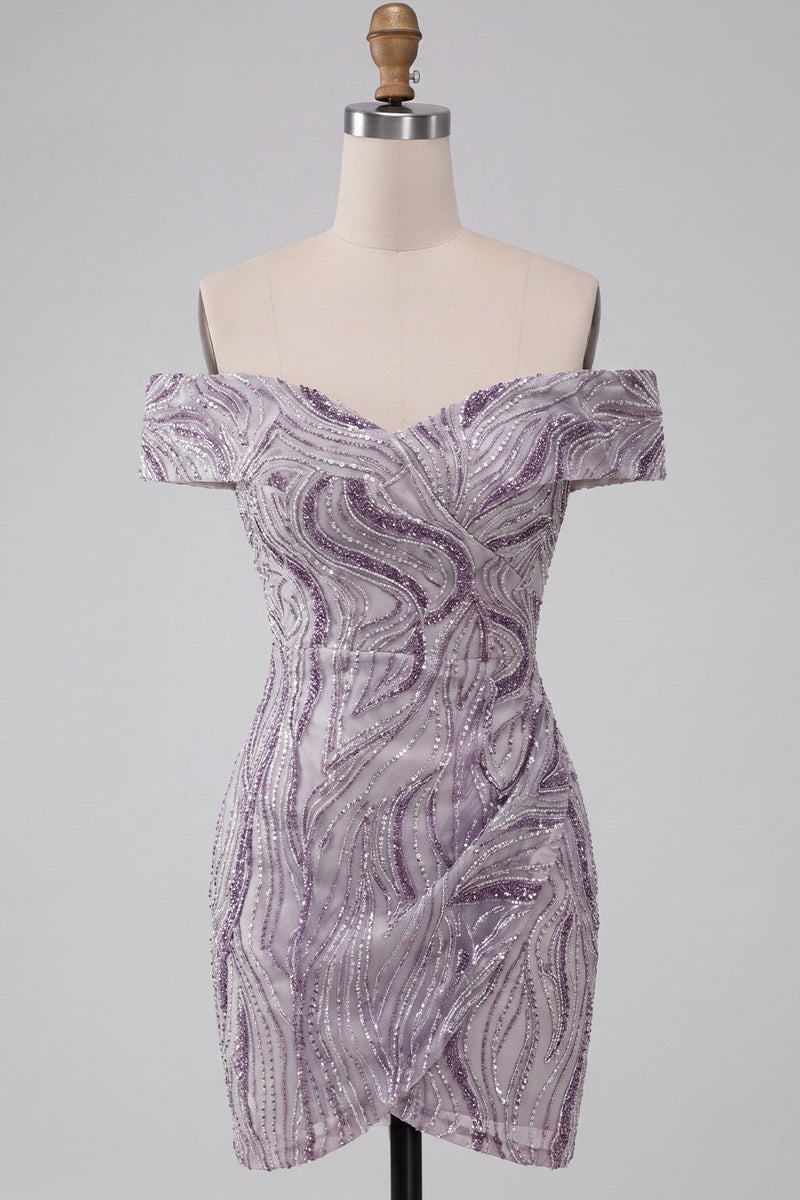 Load image into Gallery viewer, Sparkly Lilac Off the Shoulder Tight Ruched Sequin Short Cocktail Dress