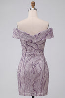 Load image into Gallery viewer, Sparkly Lilac Off the Shoulder Tight Ruched Sequin Short Cocktail Dress