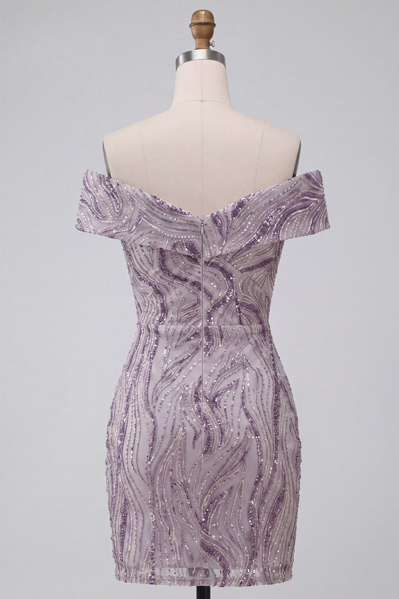 Load image into Gallery viewer, Sparkly Lilac Off the Shoulder Tight Ruched Sequin Short Cocktail Dress