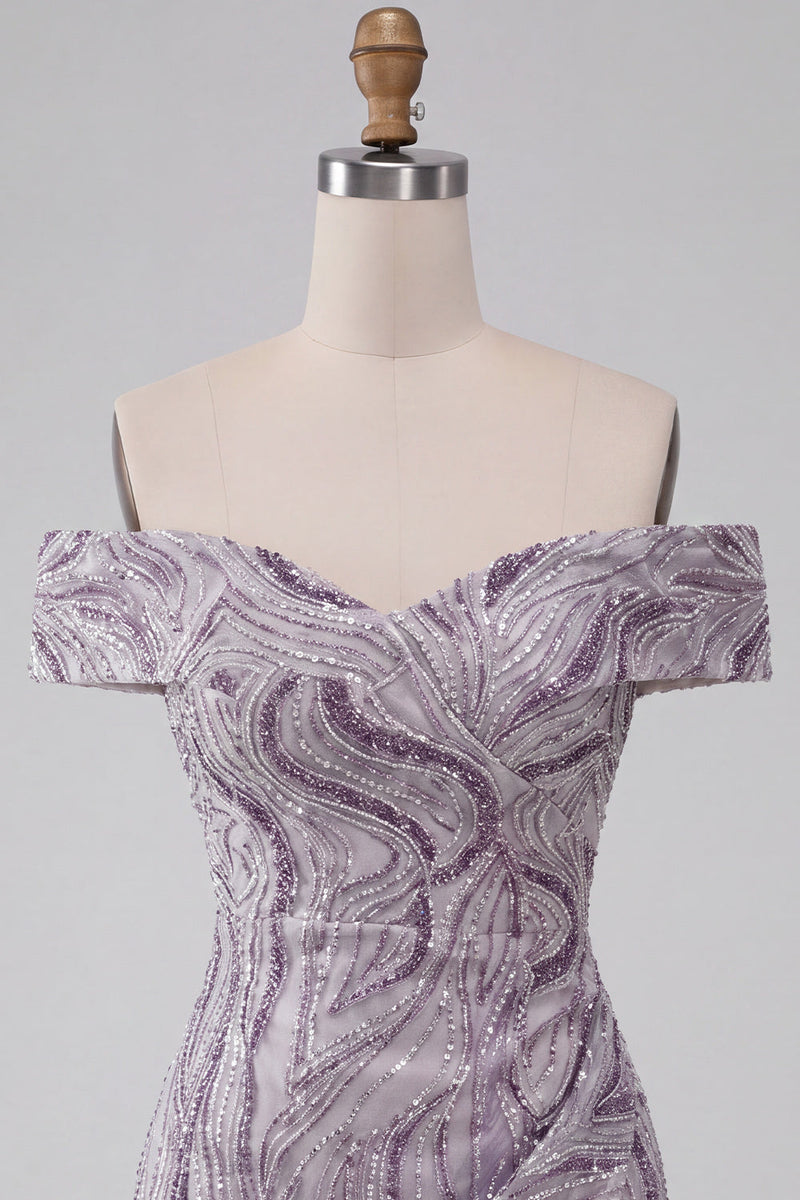 Load image into Gallery viewer, Sparkly Lilac Off the Shoulder Tight Ruched Sequin Short Cocktail Dress