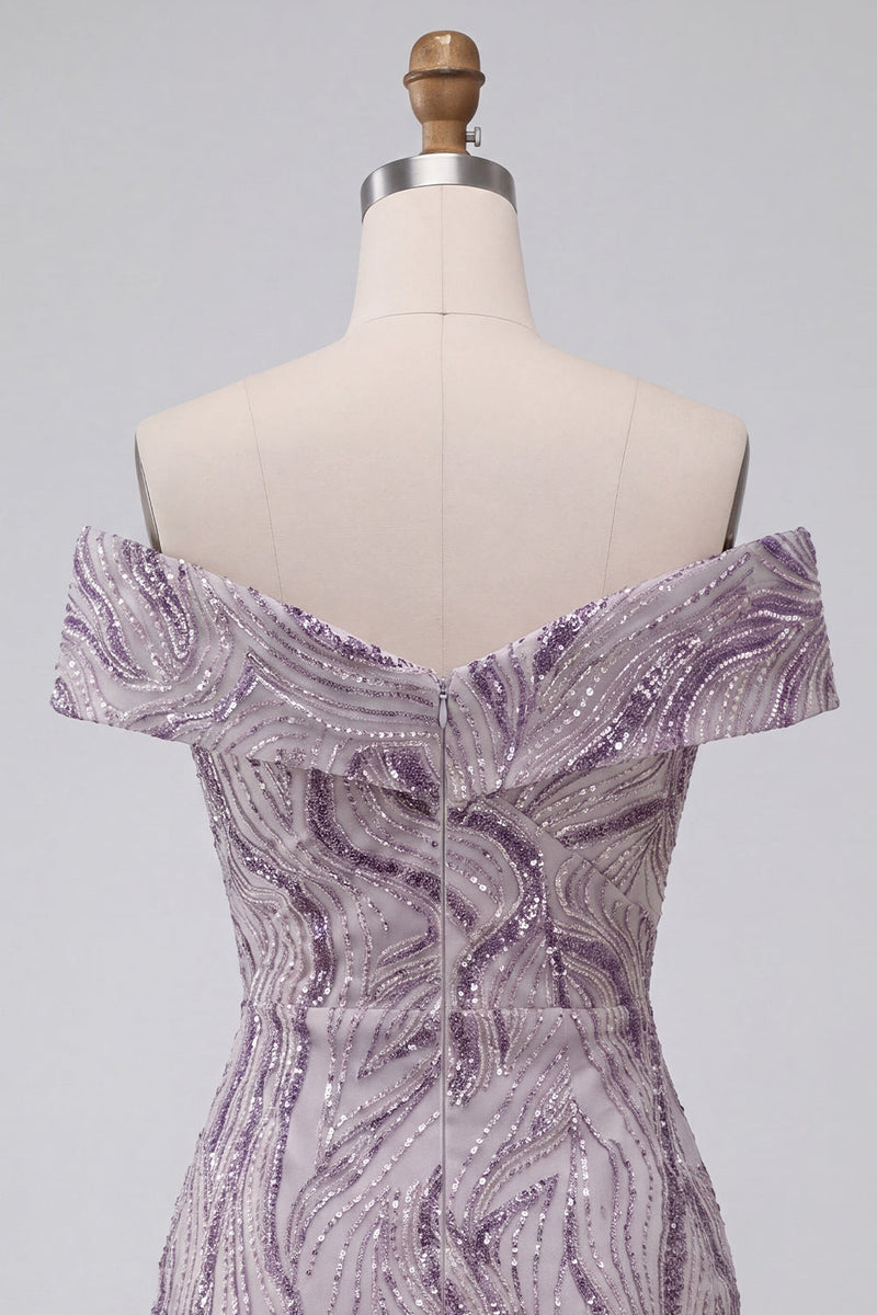 Load image into Gallery viewer, Sparkly Lilac Off the Shoulder Tight Ruched Sequin Short Cocktail Dress