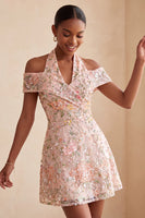 Load image into Gallery viewer, Blush Floral A-Line Sparkly Sequin Cold Shoulder Mini Cocktail Dress