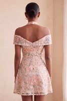 Load image into Gallery viewer, Blush Floral A-Line Sparkly Sequin Cold Shoulder Mini Cocktail Dress