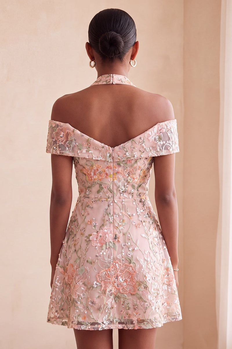 Load image into Gallery viewer, Blush Floral A-Line Sparkly Sequin Cold Shoulder Mini Cocktail Dress