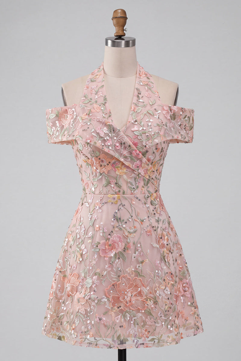 Load image into Gallery viewer, Blush Floral A-Line Sparkly Sequin Cold Shoulder Mini Cocktail Dress