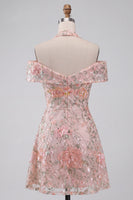 Load image into Gallery viewer, Blush Floral A-Line Sparkly Sequin Cold Shoulder Mini Cocktail Dress