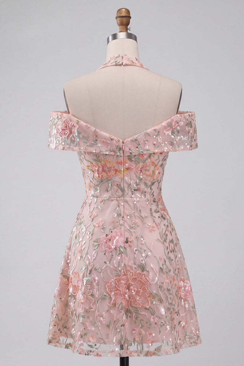 Load image into Gallery viewer, Blush Floral A-Line Sparkly Sequin Cold Shoulder Mini Cocktail Dress