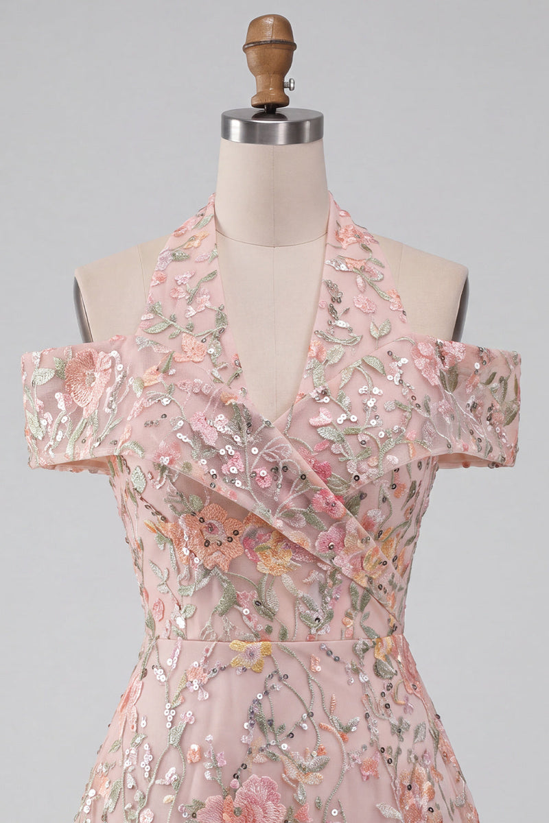 Load image into Gallery viewer, Blush Floral A-Line Sparkly Sequin Cold Shoulder Mini Cocktail Dress