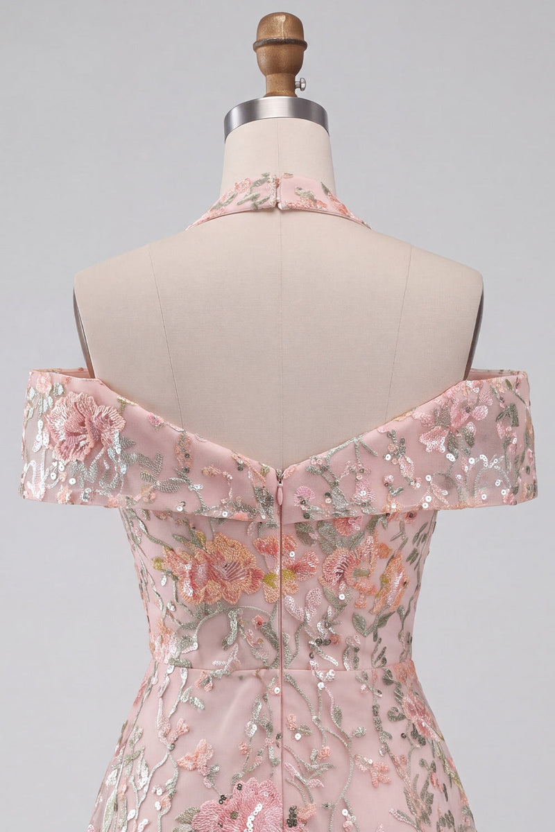 Load image into Gallery viewer, Blush Floral A-Line Sparkly Sequin Cold Shoulder Mini Cocktail Dress