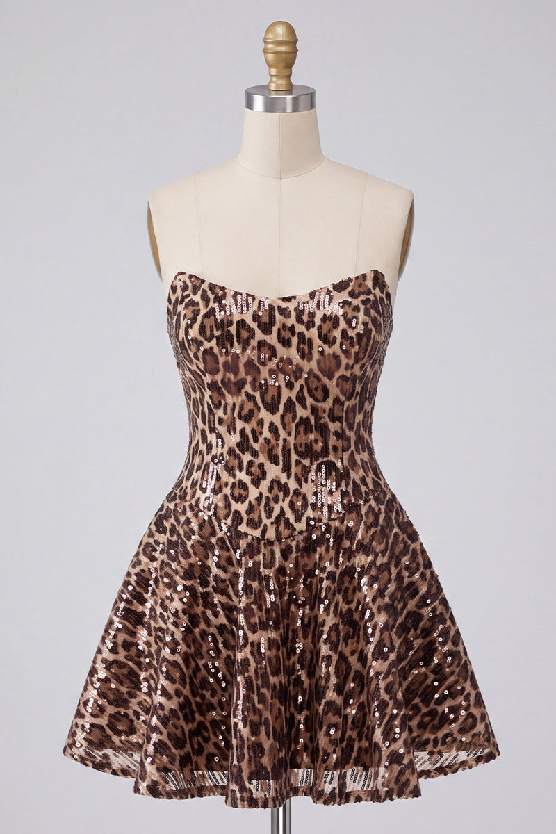 Load image into Gallery viewer, Khaki Leopard Sparkly Sequin A Line Strapless Mini Cocktail Dress