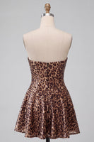 Load image into Gallery viewer, Khaki Leopard Sparkly Sequin A Line Strapless Mini Cocktail Dress