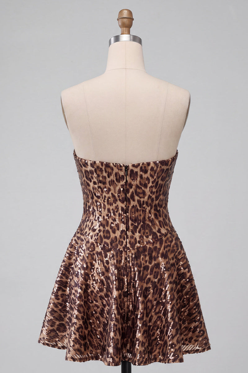 Load image into Gallery viewer, Khaki Leopard Sparkly Sequin A Line Strapless Mini Cocktail Dress