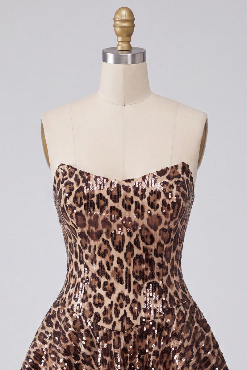 Load image into Gallery viewer, Khaki Leopard Sparkly Sequin A Line Strapless Mini Cocktail Dress