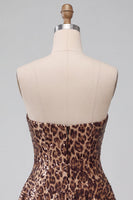 Load image into Gallery viewer, Khaki Leopard Sparkly Sequin A Line Strapless Mini Cocktail Dress