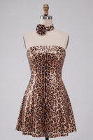 Load image into Gallery viewer, Khaki Leopard Print A Line mini Sequin Cocktail Dress with 3D Flowers