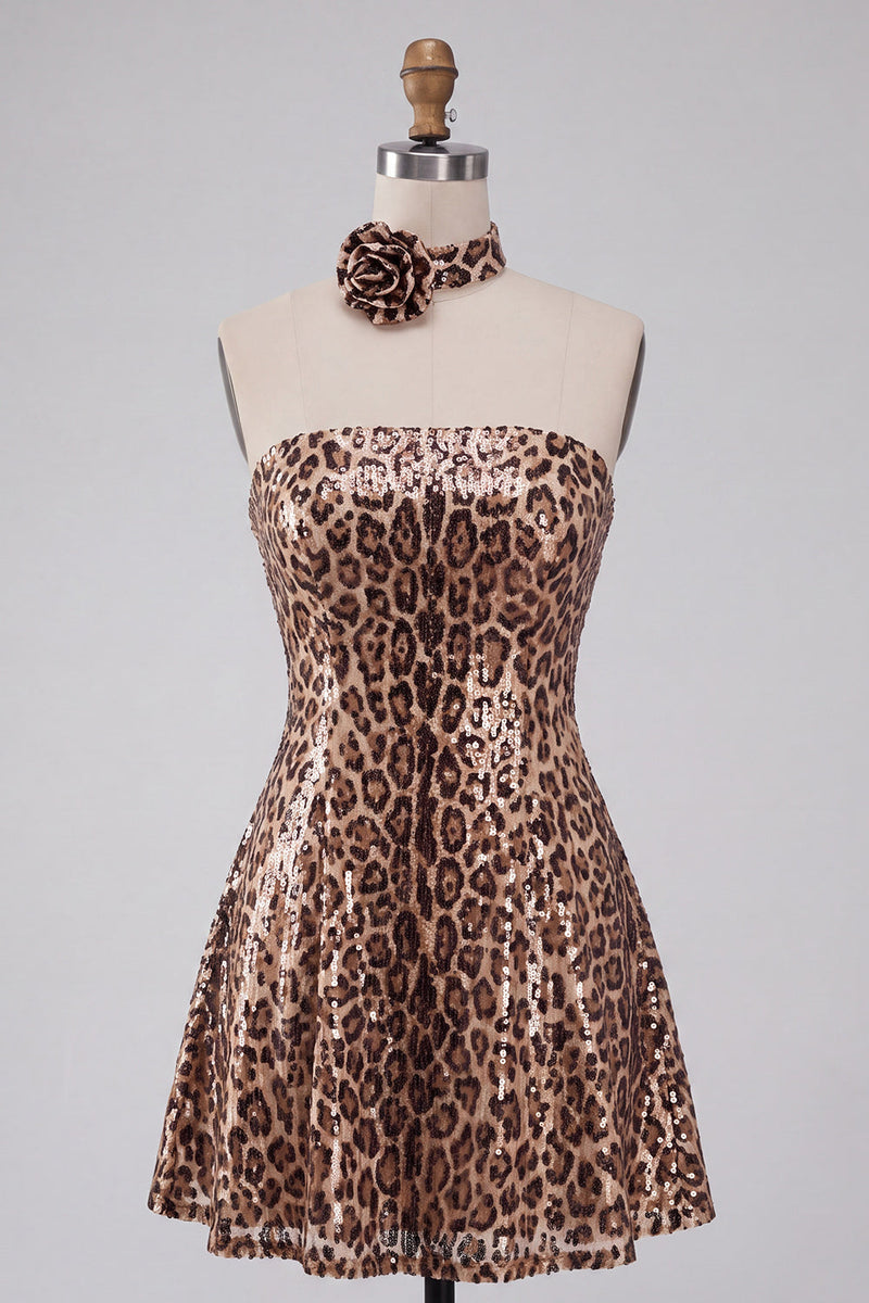 Load image into Gallery viewer, Khaki Leopard Print A Line mini Sequin Cocktail Dress with 3D Flowers