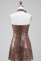 Load image into Gallery viewer, Khaki Leopard Print A Line mini Sequin Cocktail Dress with 3D Flowers