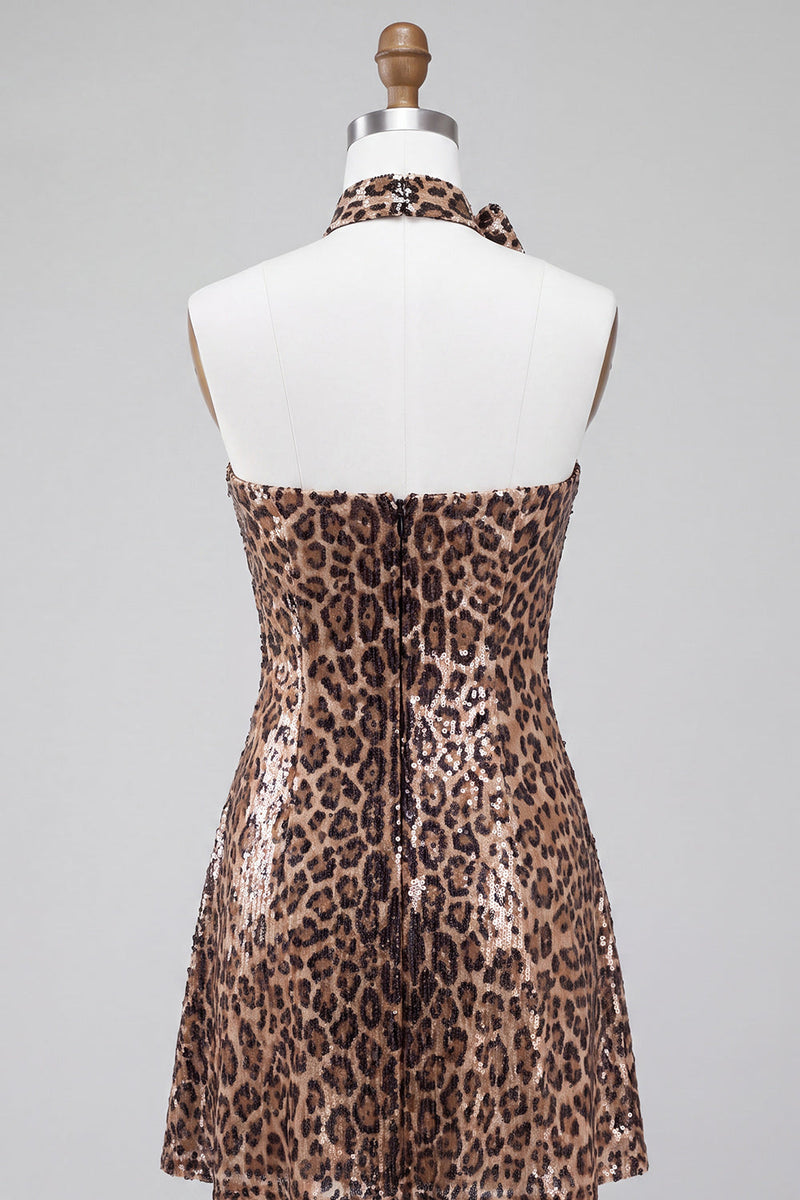 Load image into Gallery viewer, Khaki Leopard Print A Line mini Sequin Cocktail Dress with 3D Flowers