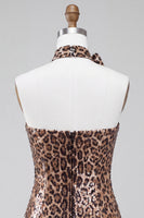 Load image into Gallery viewer, Khaki Leopard Print A Line mini Sequin Cocktail Dress with 3D Flowers