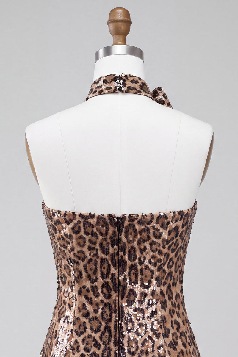 Load image into Gallery viewer, Khaki Leopard Print A Line mini Sequin Cocktail Dress with 3D Flowers