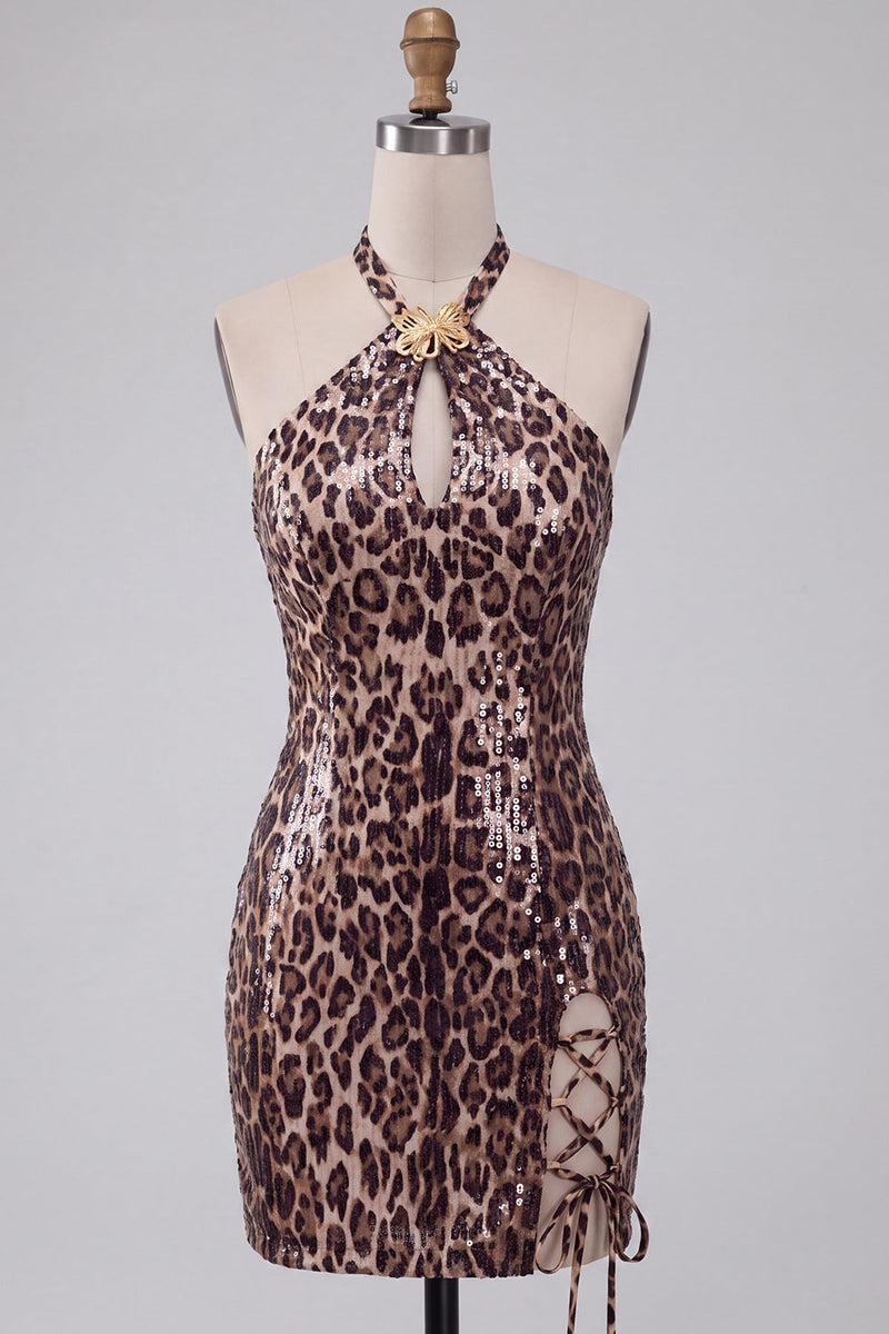Load image into Gallery viewer, Sparkly Khaki Leopard Tight Short Sequin Cocktail Dress with Slit