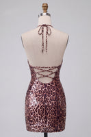 Load image into Gallery viewer, Sparkly Khaki Leopard Tight Short Sequin Cocktail Dress with Slit