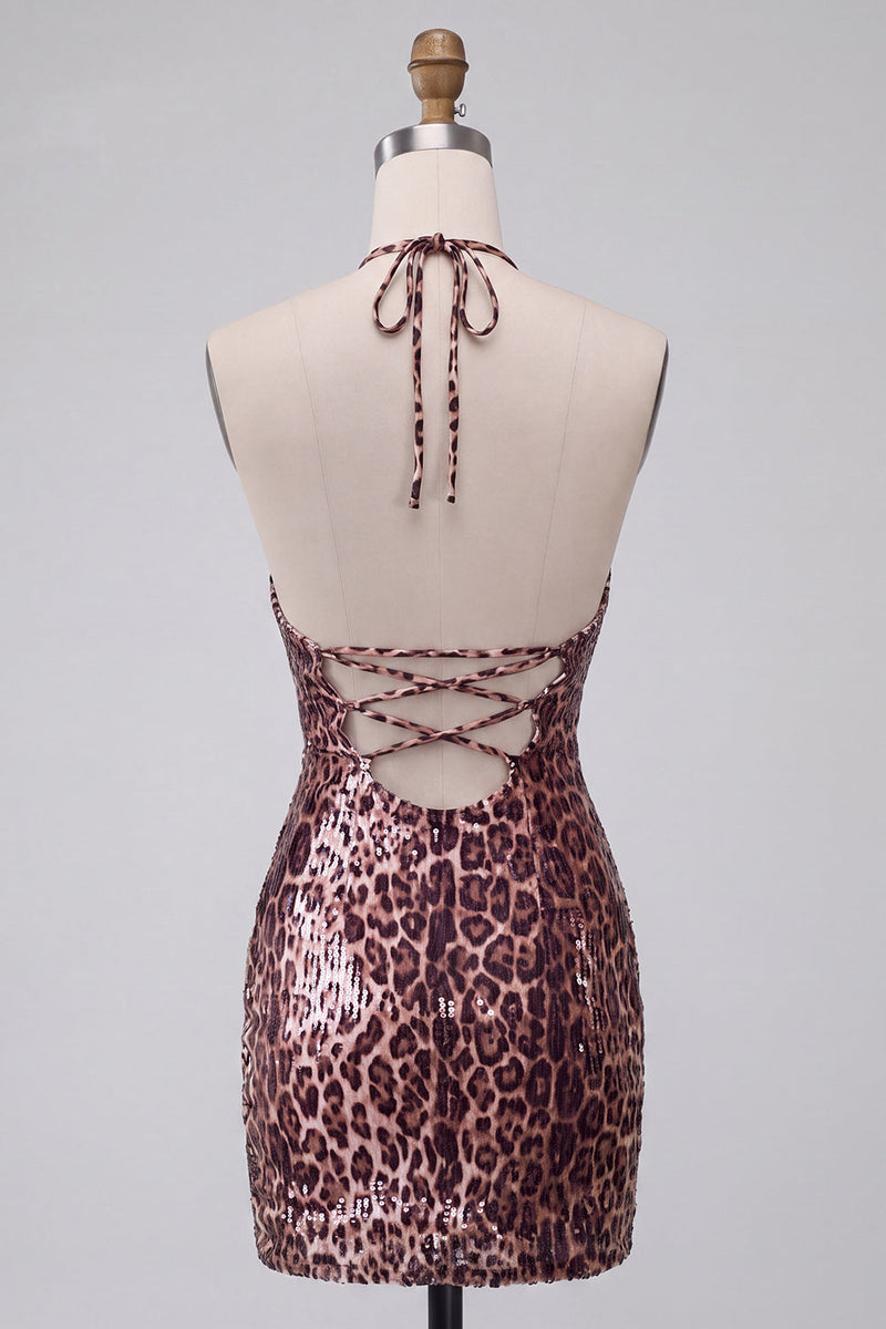 Load image into Gallery viewer, Sparkly Khaki Leopard Tight Short Sequin Cocktail Dress with Slit