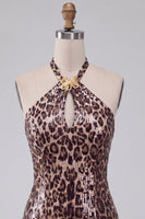 Load image into Gallery viewer, Sparkly Khaki Leopard Tight Short Sequin Cocktail Dress with Slit