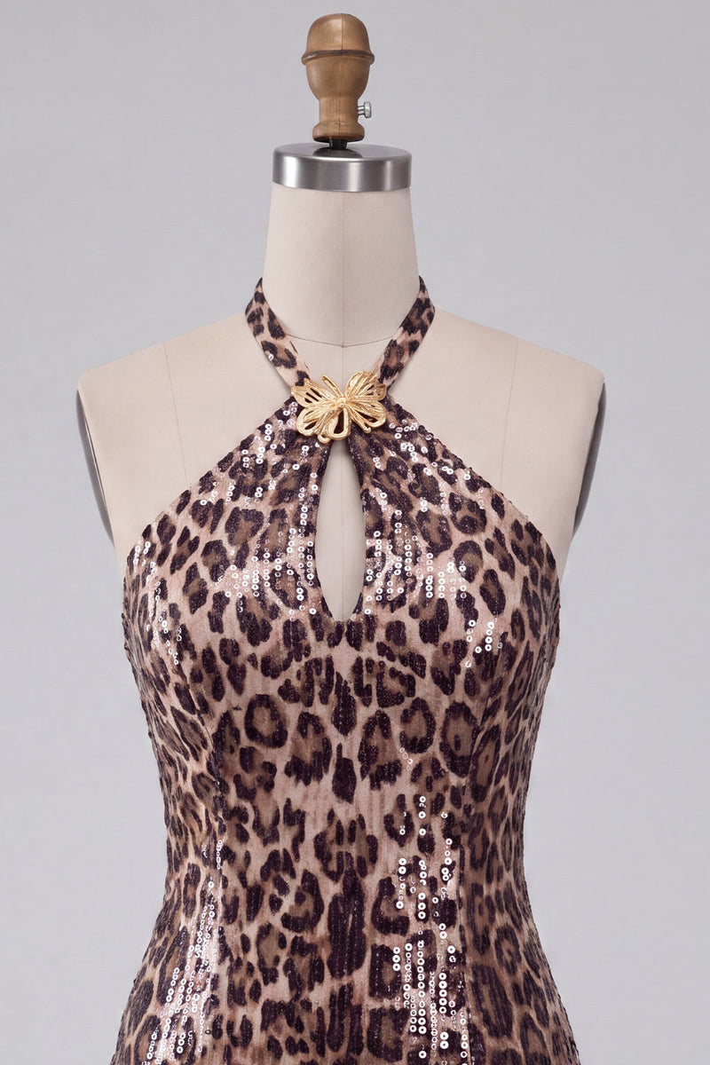 Load image into Gallery viewer, Sparkly Khaki Leopard Tight Short Sequin Cocktail Dress with Slit