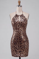 Load image into Gallery viewer, Sparkly Khaki Leopard Sequin Printed Halter Tight Short Cocktail Dress