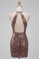 Load image into Gallery viewer, Sparkly Khaki Leopard Sequin Printed Halter Tight Short Cocktail Dress