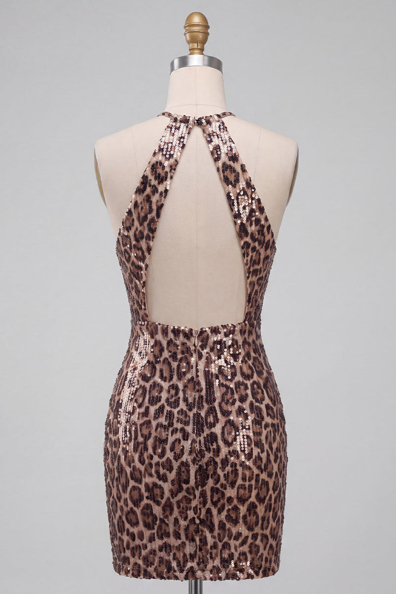 Load image into Gallery viewer, Sparkly Khaki Leopard Sequin Printed Halter Tight Short Cocktail Dress